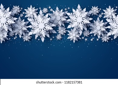 Vector Merry Christmas and Happy New Year greeting card design with white layered paper cut snowflakes on dark blue background. Seasonal Xmas holidays banner, poster