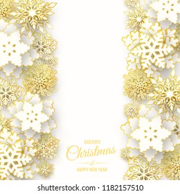 Vector Merry Christmas and Happy New Year greeting card design with 3d white and gold layered paper cut snowflakes on white background. Seasonal Xmas holidays luxury paper banner