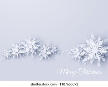 Vector Merry Christmas and Happy New Year greeting card design with wave made of 3d white realistic layered paper cut snowflakes. Seasonal Xmas holidays paper art template background