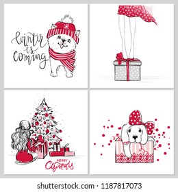 Vector Merry Christmas and Happy New year collection with cute greeting cards. Sketch style. Holidays illustrations with gift box, girl in high heels, cute dogs, christmas tree.