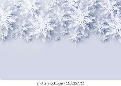 Vector Merry Christmas and Happy New Year greeting card design with frame made of 3d white realistic layered paper cut snowflakes. Seasonal Xmas holidays paper template background