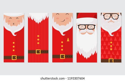 Vector Merry Christmas and Happy New Year greeting card set with cute santa claus designs. Perfect for gift tags, posters, bunners. Santa Claus collection.