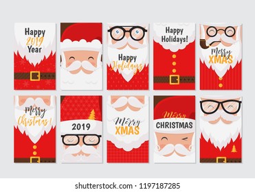 Vector Merry Christmas and Happy New Year greeting card set with cute santa claus designs. Perfect for gift tags, posters, bunners. Santa Claus collection.