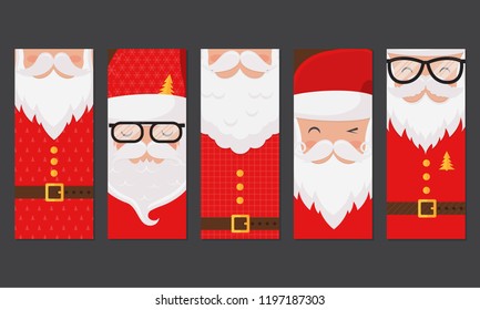 Vector Merry Christmas and Happy New Year greeting card set with cute santa claus designs. Perfect for gift tags, posters, bunners. Santa Claus collection.