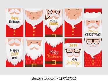 Vector Merry Christmas and Happy New Year greeting card set with cute santa claus designs. Perfect for gift tags, posters, bunners. Santa Claus collection.