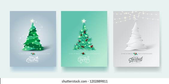 Vector merry Christmas and happy New Year background design .Calligraphic Christmas lettering.Winter vector illustration template.Set of Christmas tree in different styles.