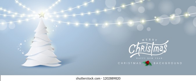 Vector merry Christmas and happy New Year background design .Christmas tree with growing lights.Calligraphic Christmas lettering.Winter vector illustration template.