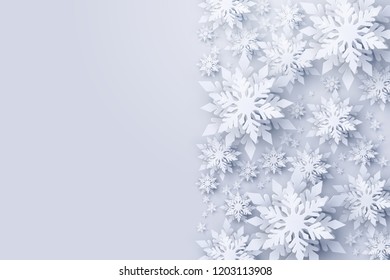 Vector Merry Christmas and Happy New Year greeting card design with frame made of 3d white realistic layered paper cut snowflakes. Seasonal winter holidays  template background