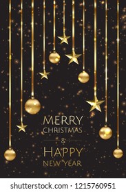 Vector Merry Christmas And Happy New Year background with golden star, balls