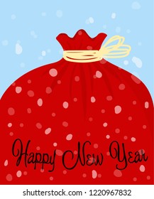 Vector merry Christmas and happy New year greeting card. Santa Claus bag with gifts and hand-drawn lettering.