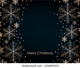Vector Merry Christmas and Happy New Year greeting card design with gold snowflakes on blue background. Seasonal Christmas and New Year holidays paper art banner, poster template