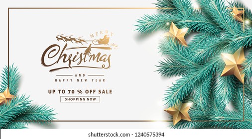 Vector merry Christmas and happy New Year sale background design with Realistic tree Branches and gold stars.