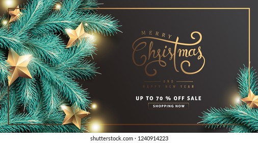 Vector merry Christmas and happy New Year sale background design with Realistic tree Branches and gold stars glowing lights.