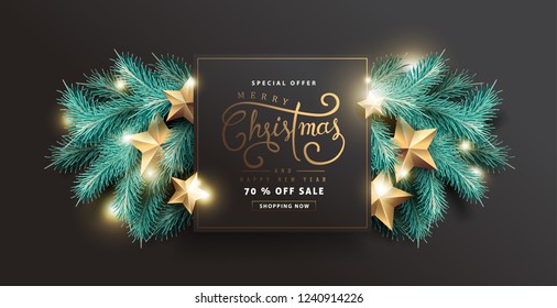 Vector merry Christmas and happy New Year sale background design with Realistic tree Branches and gold stars glowing lights.