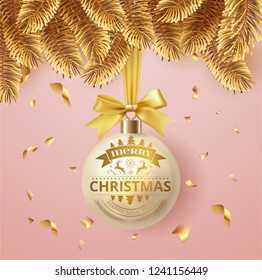 Vector Merry Christmas and happy New Year greeting card with  holiday decoration light ball hanging on golden christmas fir tree branches with gold bow and confetti. Pink soft elegant background. 