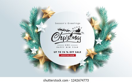 Vector merry Christmas and happy New Year sale background design with Realistic tree Branches and silver gold stars.