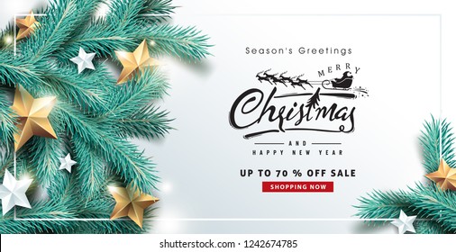 Vector merry Christmas and happy New Year sale background design with Realistic tree Branches and silver gold stars.