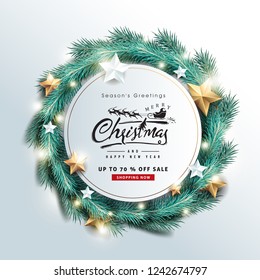 Vector merry Christmas and happy New Year sale background design with Realistic tree Branches and silver gold stars.