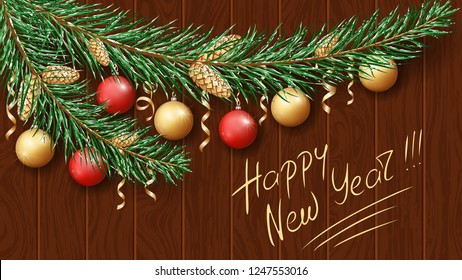 Vector. Merry Christmas and Happy New Year 2021. Green branch of a tree in the snow. Christmas festive decorations, garlands, tree cones, balls and gold ribbons. Dark woody background. Holiday card.