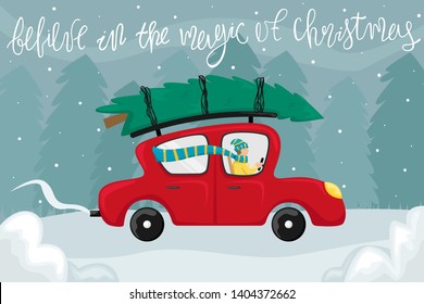 Vector Merry Christmas and Happy New Year greeting card. A man in a red car driven Christmas tree home. Christmas shopping.