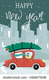 Vector Merry Christmas and Happy New Year greeting card. A man in a red car driven Christmas tree home. Christmas shopping.