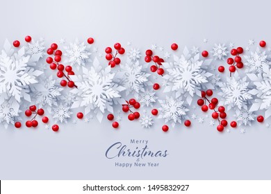 Vector Merry Christmas and Happy New Year background with realistic looking paper cut 3d snowflakes and red holly berries decoration. Seasonal holidays banner