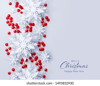 Vector Merry Christmas and Happy New Year background with realistic looking paper cut 3d snowflakes and red holly berries decoration. Seasonal holidays banner