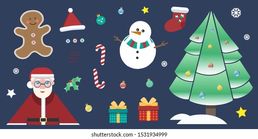 Vector merry christmas and happy new year set of holiday elements, icons and symbol isolated on white background. Holiday colliction illustrations for greeting card design.