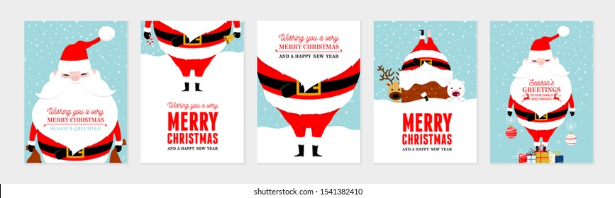 Vector Merry Christmas and Happy New Year greeting card set with cute santa claus and lettering