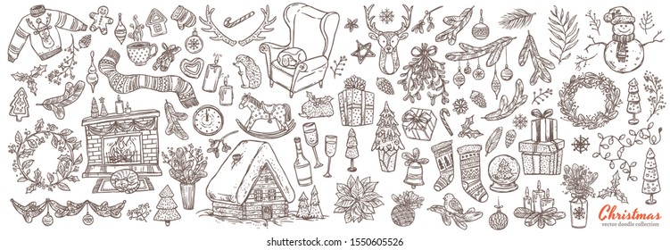 Vector Merry Christmas and Happy New Year linear doodle set with sketch festive elements, icons and symbol. Holiday colliction of illustrations for greeting card design