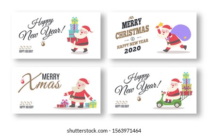 Vector Merry Christmas and Happy New Year greeting card set cute Santa cartoon style with gifts and modern typography for tag, party poster, decoration, templates, postcard. Hand drawn holiday poster