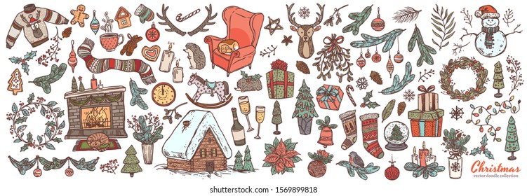 Vector Merry Christmas and Happy New Year linear doodle set with sketch festive elements, icons and symbol. Holiday colliction of illustrations for greeting card design