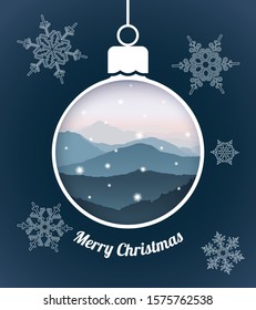 Vector Merry Christmas and Happy New Year greeting card with hanging bouble, peaceful starry night landscape inside, cut into dark blue background with snowflakes, multi-layered effect