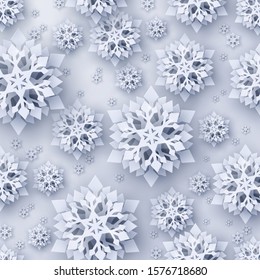 Vector Merry Christmas and Happy New Year design with 3d white realistic layered paper cut snowflakes. Seasonal holidays background
