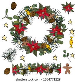 Vector Merry Christmas and Happy New Year Set with Mistletoe, Gingerbreads, Poinsettia, Pine Brunch.  Brush and Wreath. Isoleted on white.