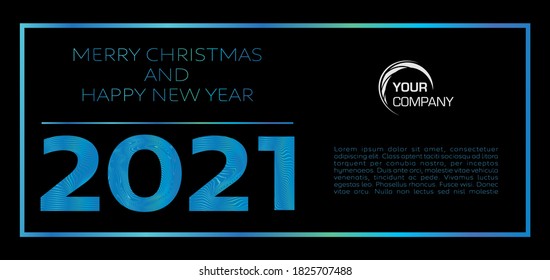 Vector merry christmas and happy new year 2021 card in blue color on dark black background