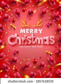 Vector of Merry Christmas & Happy New Year Promotion Poster or banner with many gift box and christmas element on red background for Retail,Shopping or Christmas Promotion in red and gold style.