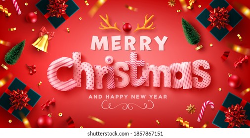 Vector of Merry Christmas & Happy New Year Promotion Poster or banner with red gift box and christmas element for Retail,Shopping or Christmas Promotion in red and gold style.