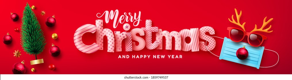 Vector of Merry Christmas & Happy New Year Poster or banner with Christmas tree and Symbol of reindeer from Medical Mask,red sunglasses and antler for Retail,Shopping or Christmas Promotion.