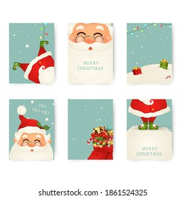 Vector Merry Christmas and Happy New Year greeting card set with cute santa claus designs. Perfect for gift tags, posters, bunners. Santa Claus collection.