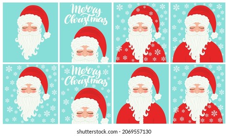 Vector Merry Christmas and Happy New Year greeting card set with cartoon illustration of cute traditional character Santa Claus  and hand drawn lettering. Christmas winter holiday design element.