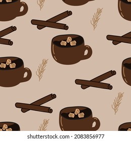 Vector. Merry Christmas and Happy New Year seamless pattern. Winter background with drawn cartoon mug of hot cocoa with marshmallows, spruce branches and cinnamon sticks. Scandinavian style.