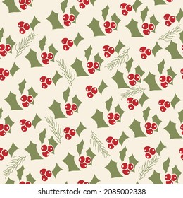 Vector. Merry Christmas, Happy New Year seamless pattern with linear leaves, berries, holly and spruce branches. Seamless winter background. Design for wrapping paper, postcards, textiles, branding.