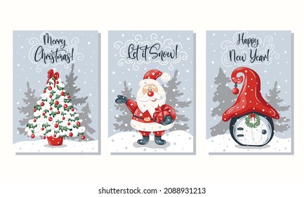 Vector Feliz Navidad y tarjeta de felicitación de Año Nuevo Feliz con lindo santa claus y árbol de navidad.