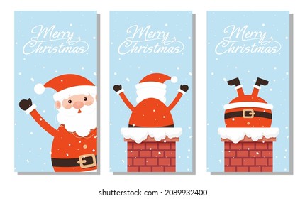 Vector Merry Christmas and Happy New Year greeting card set with cute vector Santa Claus on blue background. Santa Claus collection.