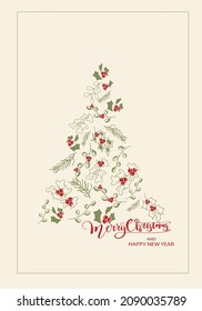 Vector. Merry Christmas and Happy New Year floral background, text design. Rustic vertical template for a Christmas card, party invitation and other promotional items. Hand-drawn sketch.