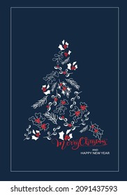 Vector. Merry Christmas and Happy New Year floral background, text design. Rustic vertical template for a Christmas card, party invitation and other promotional items. Hand-drawn sketch.