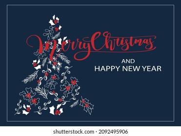 Vector. Merry Christmas and Happy New Year floral background, text design. Rustic horizontal template for a Christmas card, party invitation and other promotional items. Hand-drawn sketch.