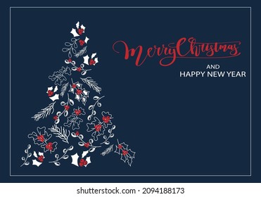Vector. Merry Christmas and Happy New Year floral background, text design. Rustic horizontal template for a Christmas card, party invitation and other promotional items. Hand-drawn sketch.