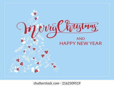 Vector. Merry Christmas and Happy New Year floral background, text design. Rustic horizontal template for a Christmas card, party invitation and other promotional items. Hand-drawn sketch.